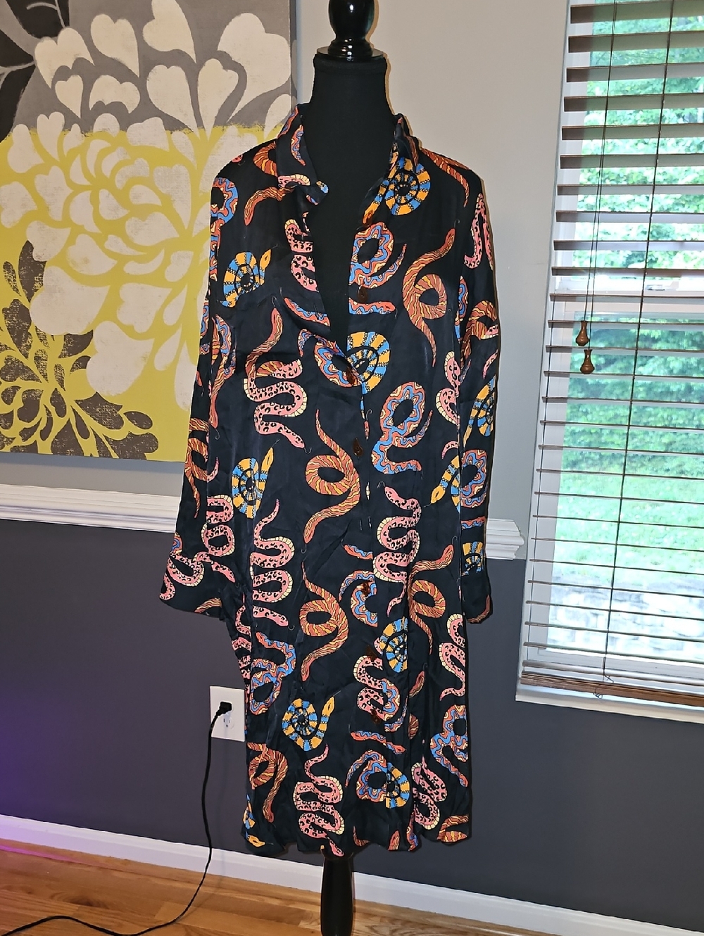 Farm Rio - Black Long-Sleeve Snake-Print Maxi Shirt Dress Oversized Sz. M